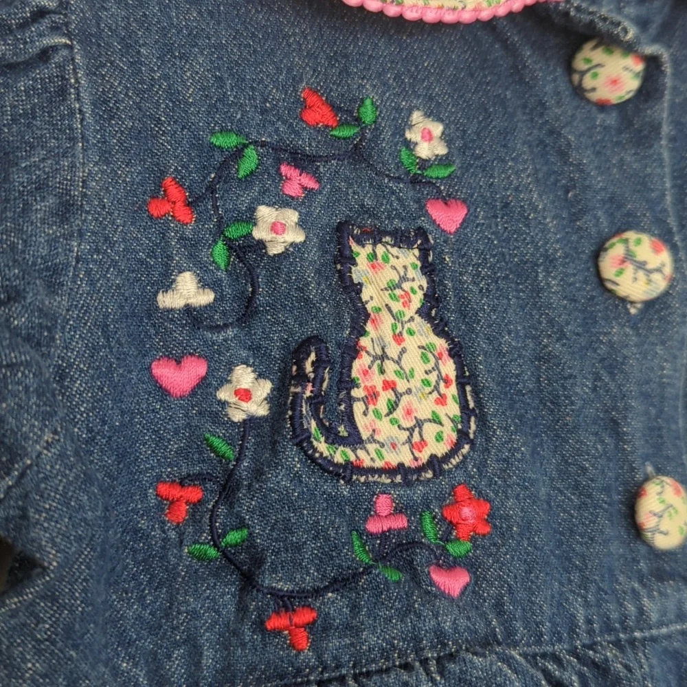 🌸Vintage‎ Hush Puppies Denim Floral Embroidered Cat One Piece Outfit Size 18 Mo